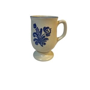 Vintage Blue Floral Stoneware Footed Mug Pedestal Coffee Cup Cream Blue Rim